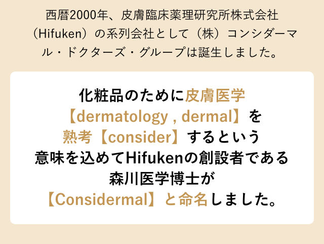 西暦2000年、皮膚臨床薬理研究所株式会社（Hifuken）の系列会社として（株）コンシダーマル・ドクターズ・グループは誕生しました。